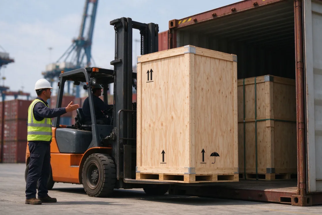 Upright wooden export crates for floor-standing ice cream vending machines being moved by forklift at a container freight station